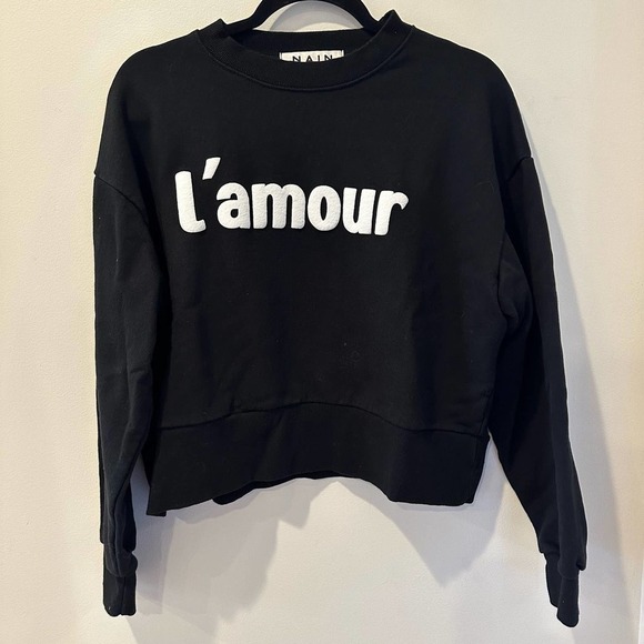 Nain L'Amour Cropped Sweatshirt Long Sleeve Crew Neck Pullover Black Size Large - Picture 1 of 11